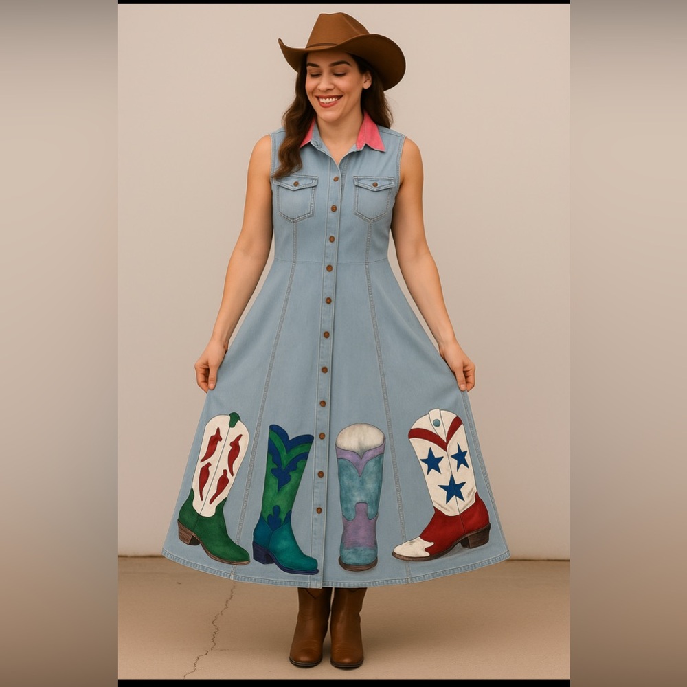 Denim Sleeveless Dress with Hand Painted Cowboy UNIQUE one of a kind